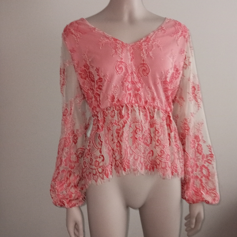 WILLOW AND ROOT pink sheer long sleeve top size small